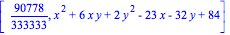 [90778/333333, x^2+6*x*y+2*y^2-23*x-32*y+84]